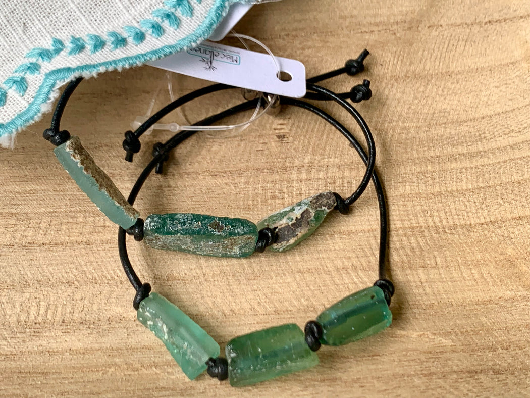 3 Roman glass bead leather adjustable bracelet