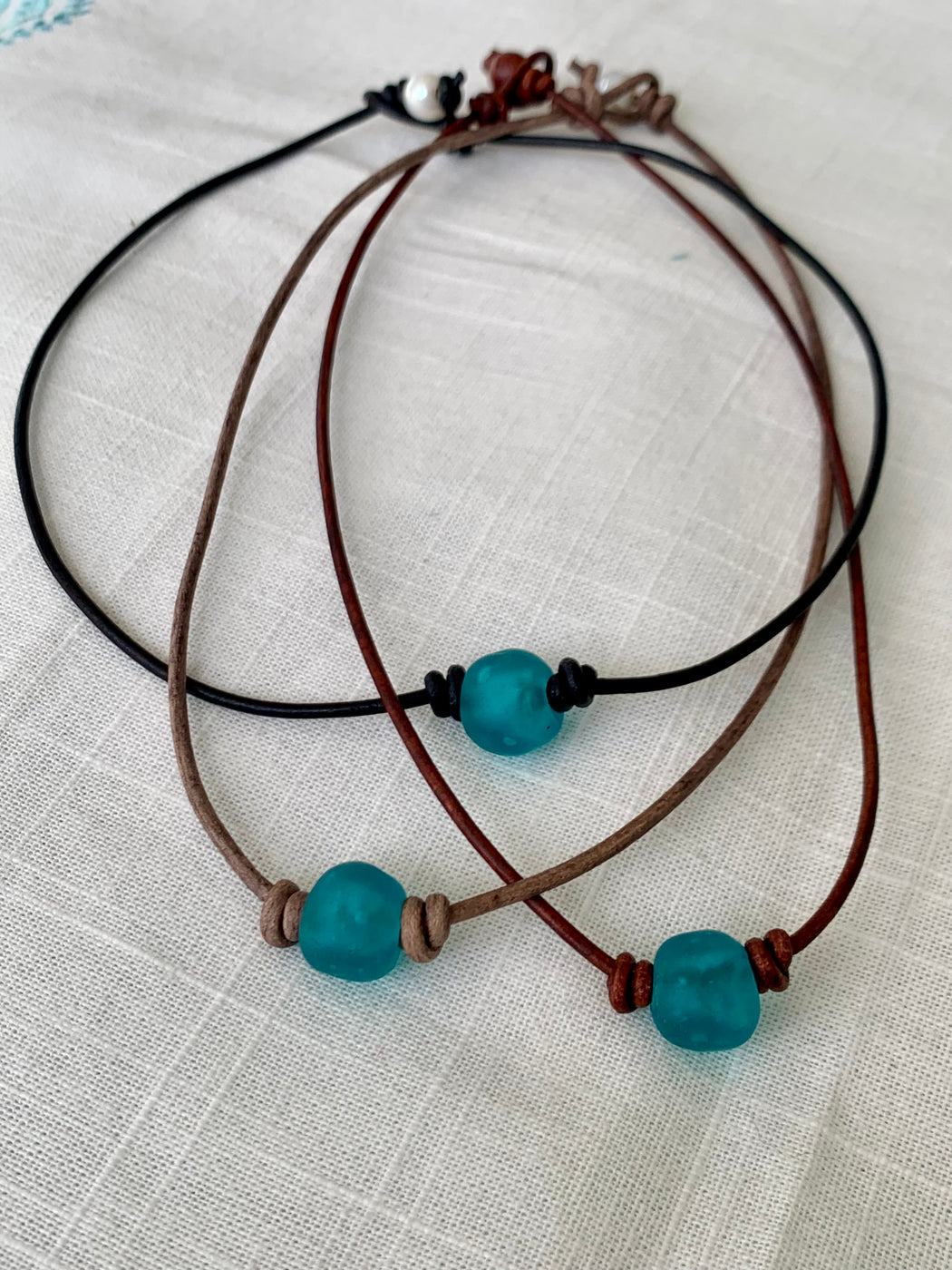 aqua glass bead on leather necklace