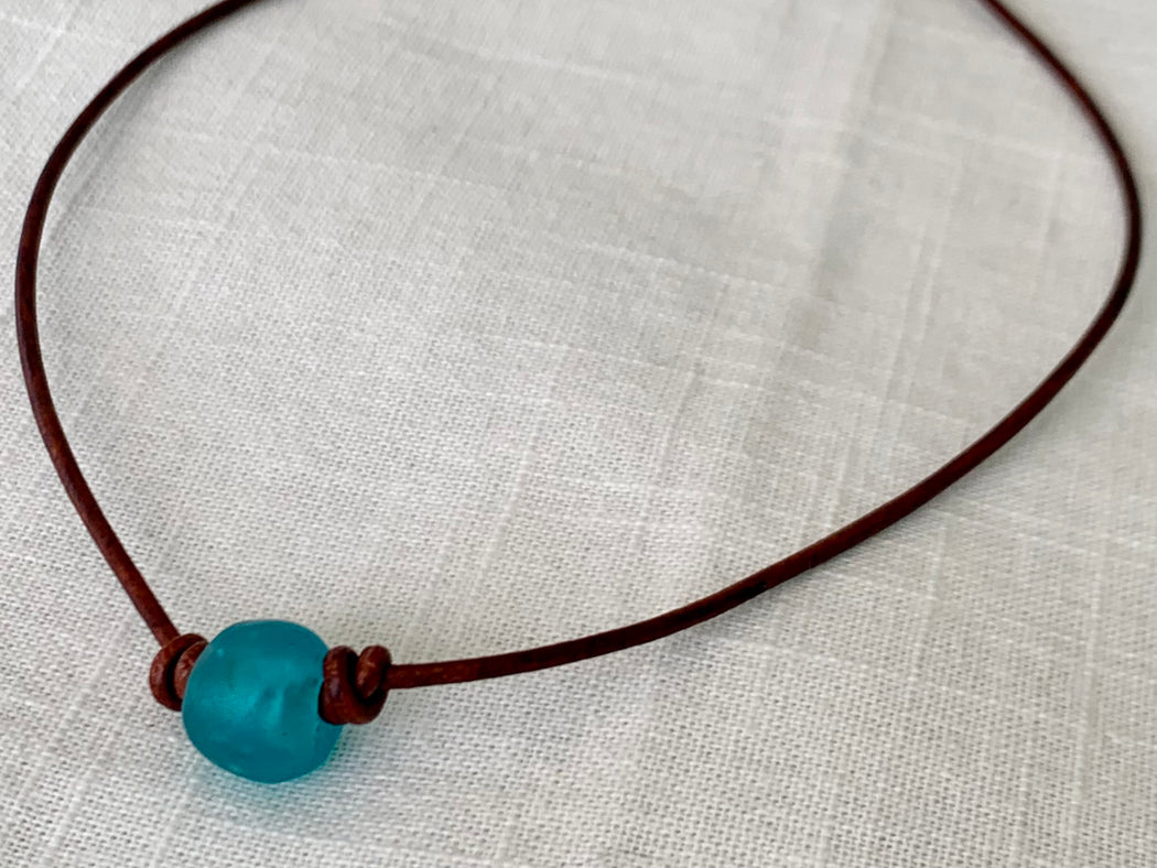 Aqua glass bead on leather cord necklace