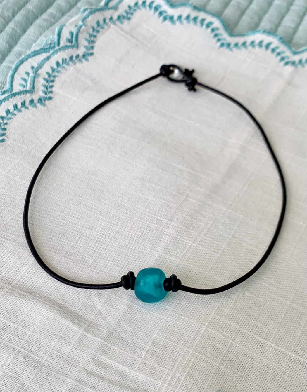 Beach Choker Necklace with Aqua Glass Bead