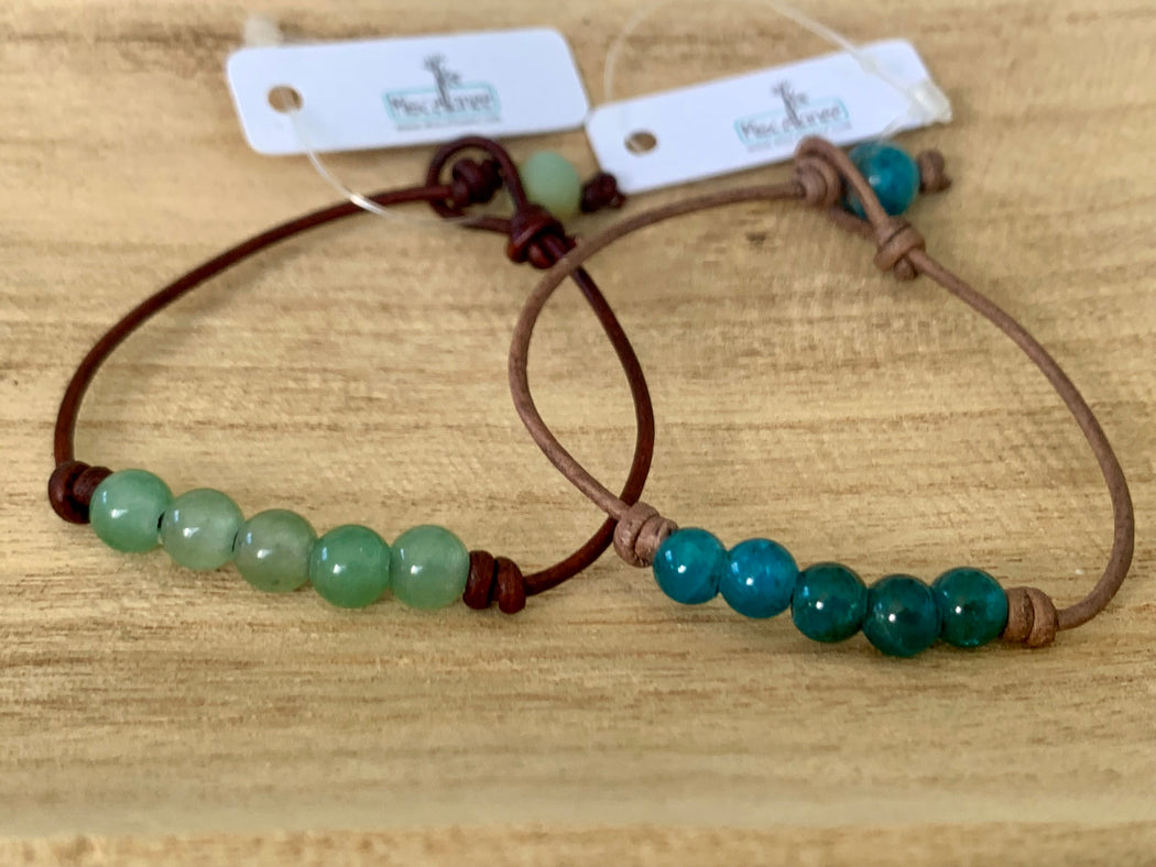 Green aventurine or blue apatite 6mm  stones knotted on leather bracelets