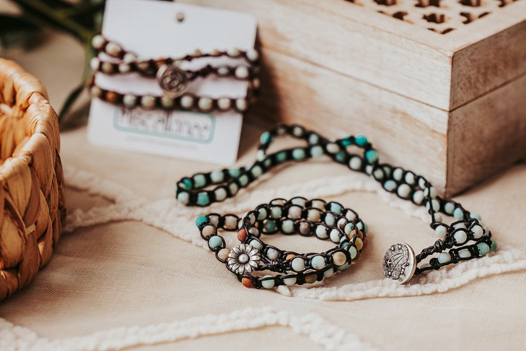 Leather and Amazonite Triple Wrap Bracelet