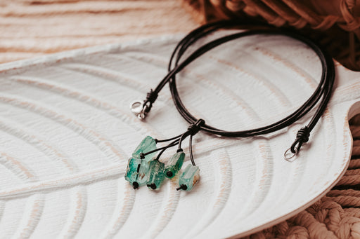 Leather and Roman glass tassel necklace 18" in length