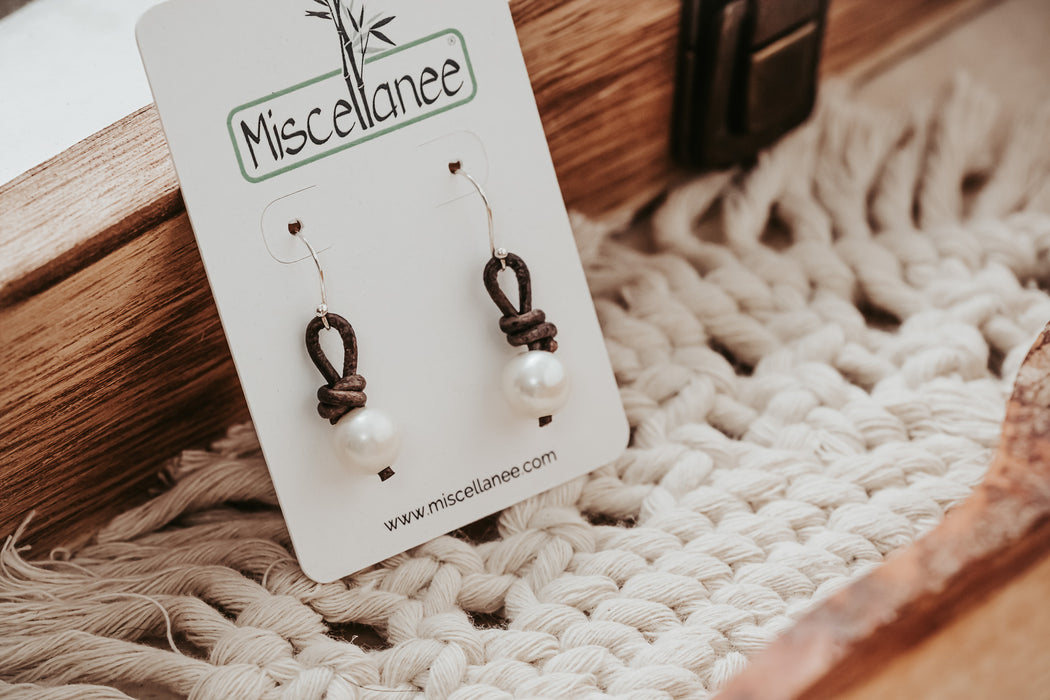 Short Leather Freshwater Pearl Earrings