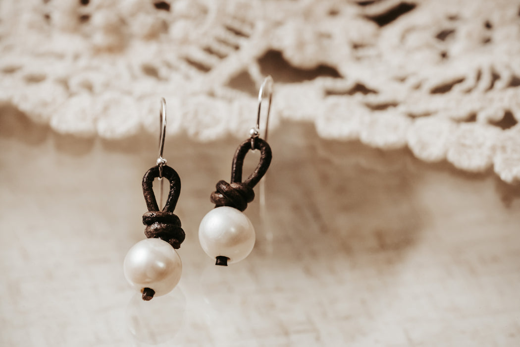 Short Leather Freshwater Pearl Earrings