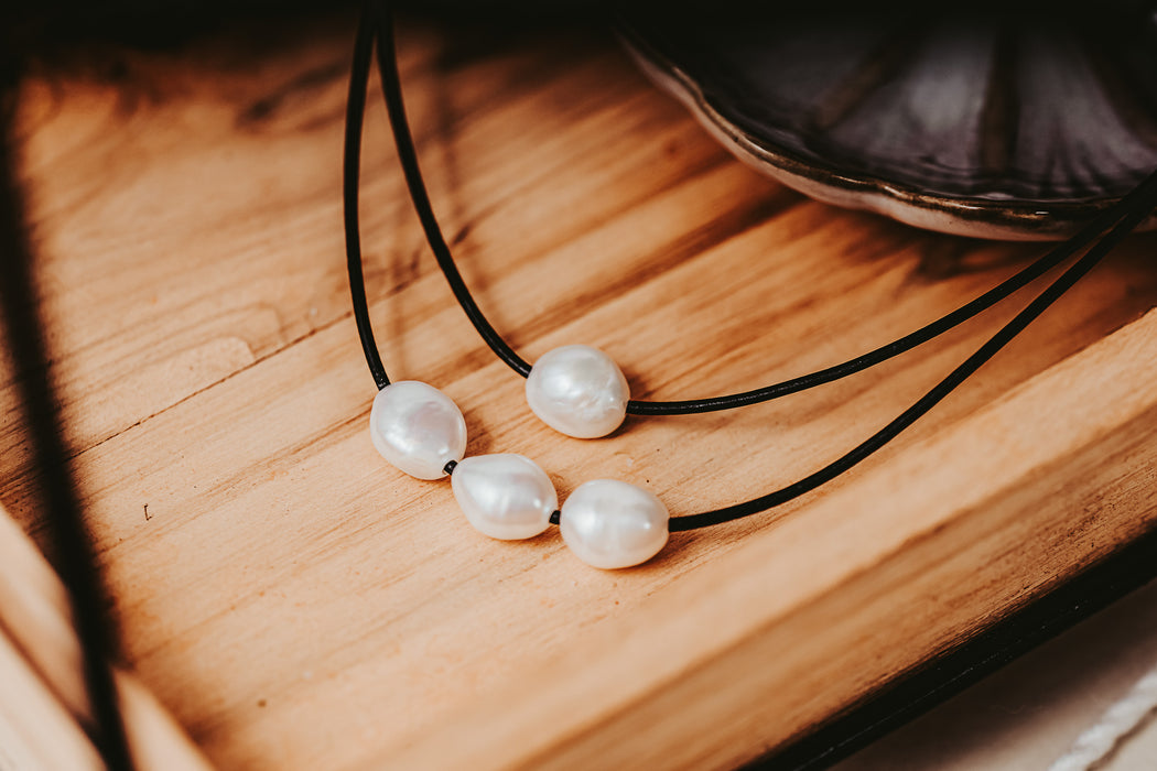 Double Strand Freshwater Pearl Leather Necklace
