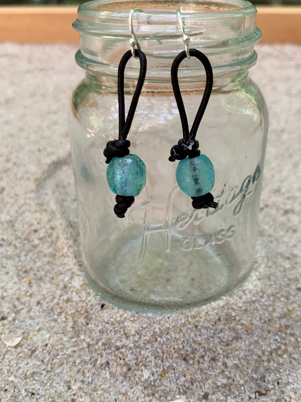 Aqua Glass Leather Earrings