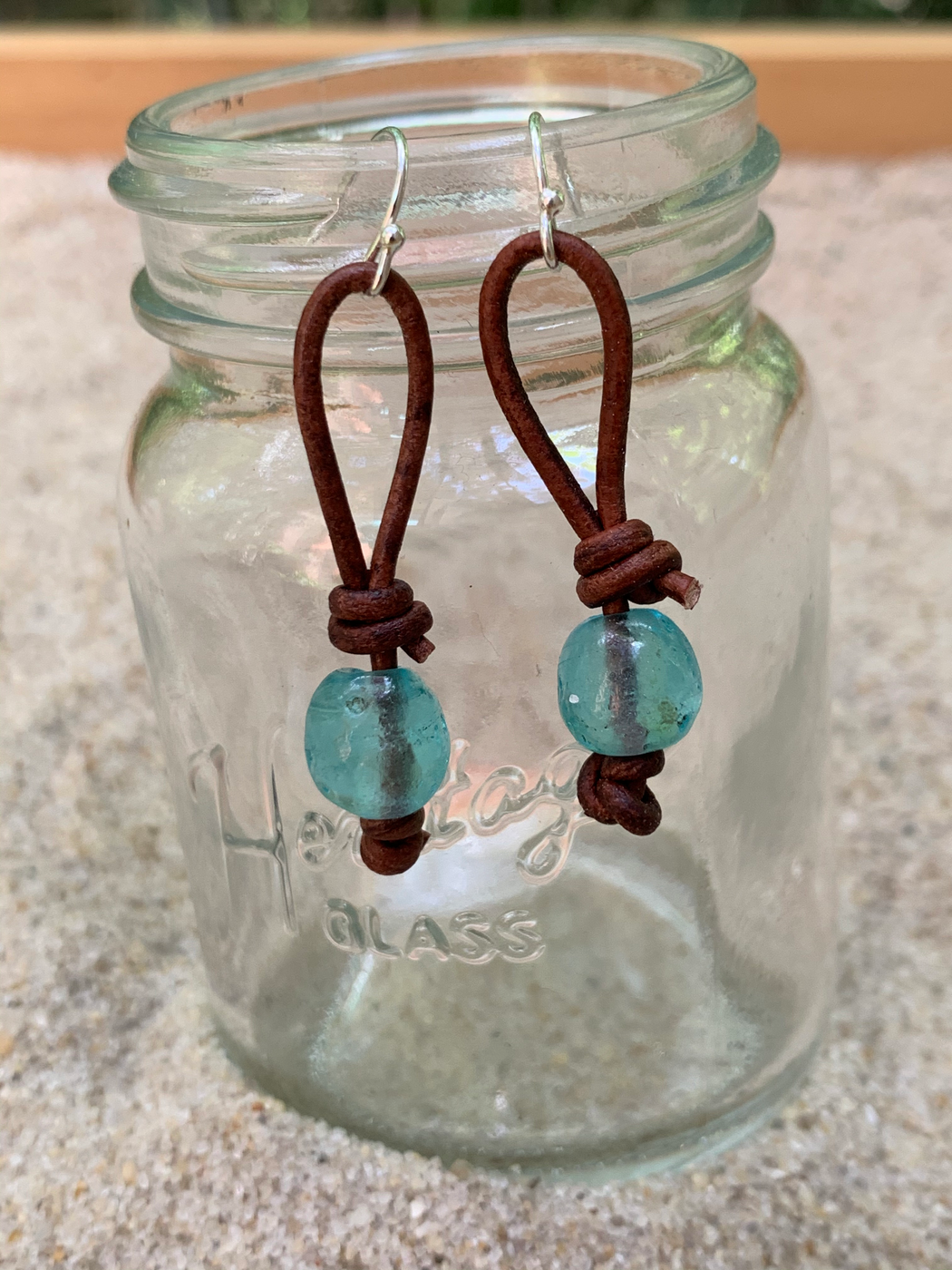Aqua Glass Leather Earrings | Boho Dangle Earrings