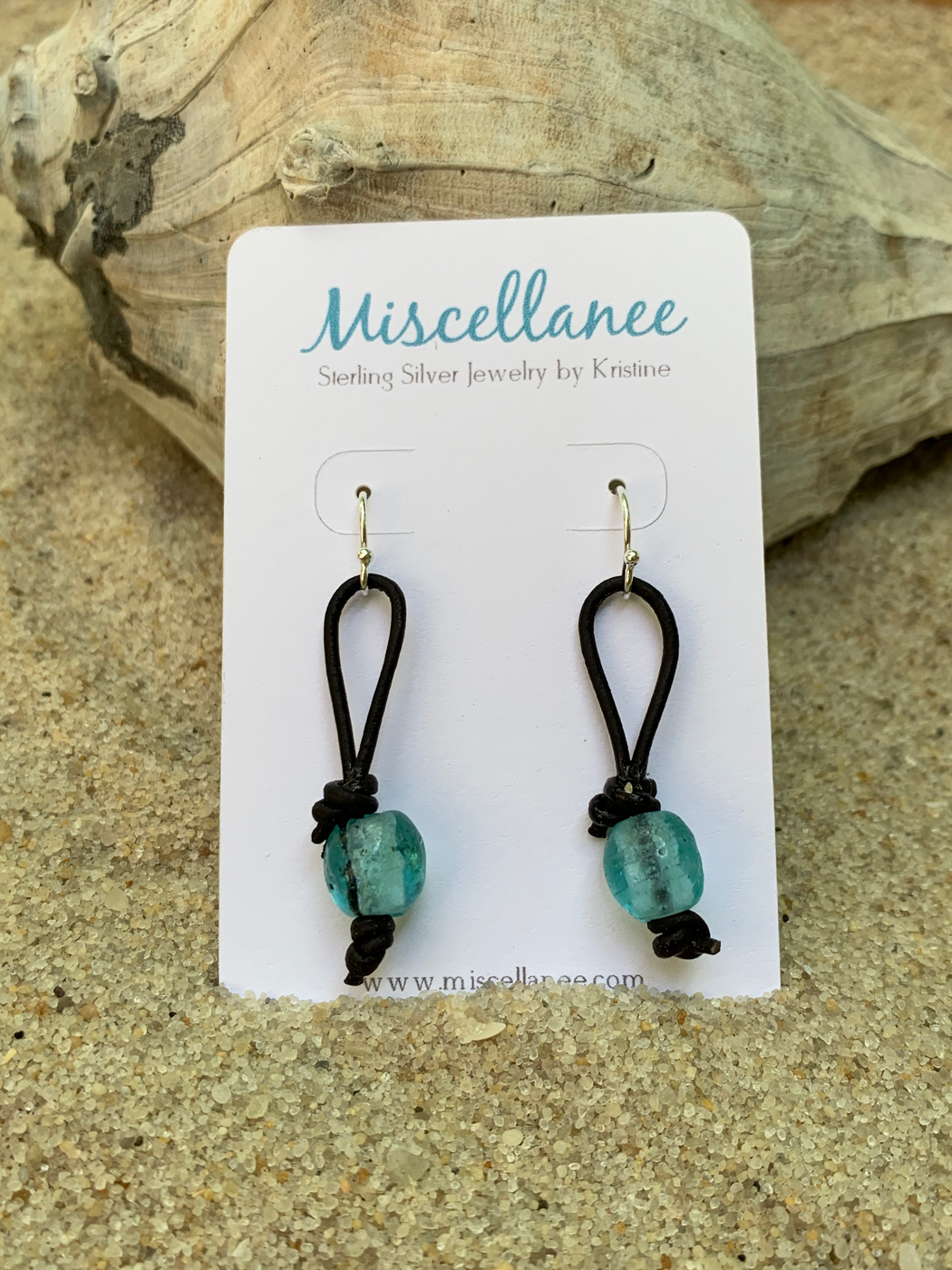 Aqua Glass Leather Earrings | Boho Dangle Earrings