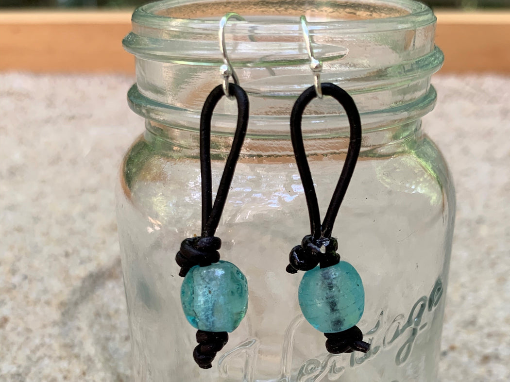 Aqua Glass Leather Earrings