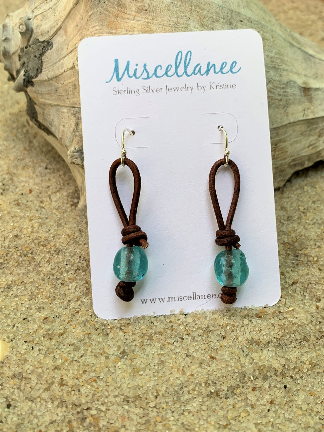 Aqua Glass Leather Earrings | Boho Dangle Earrings