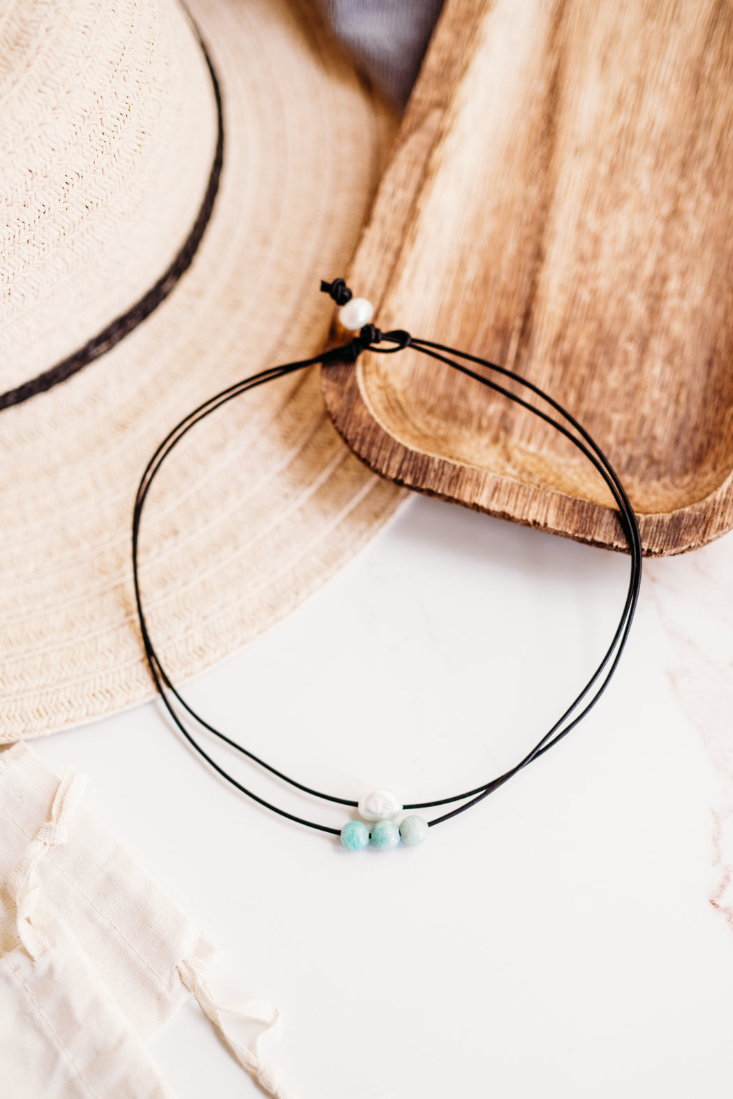 Pearl and Amazonite Leather Necklace | Double Strand Tee Shirt Necklace
