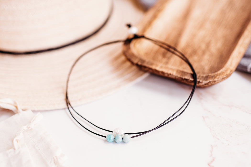 Pearl and Amazonite Leather Necklace | Double Strand Tee Shirt Necklace