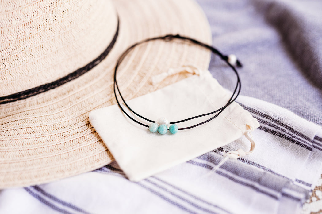 amazonite and pearl double strand leather necklace
