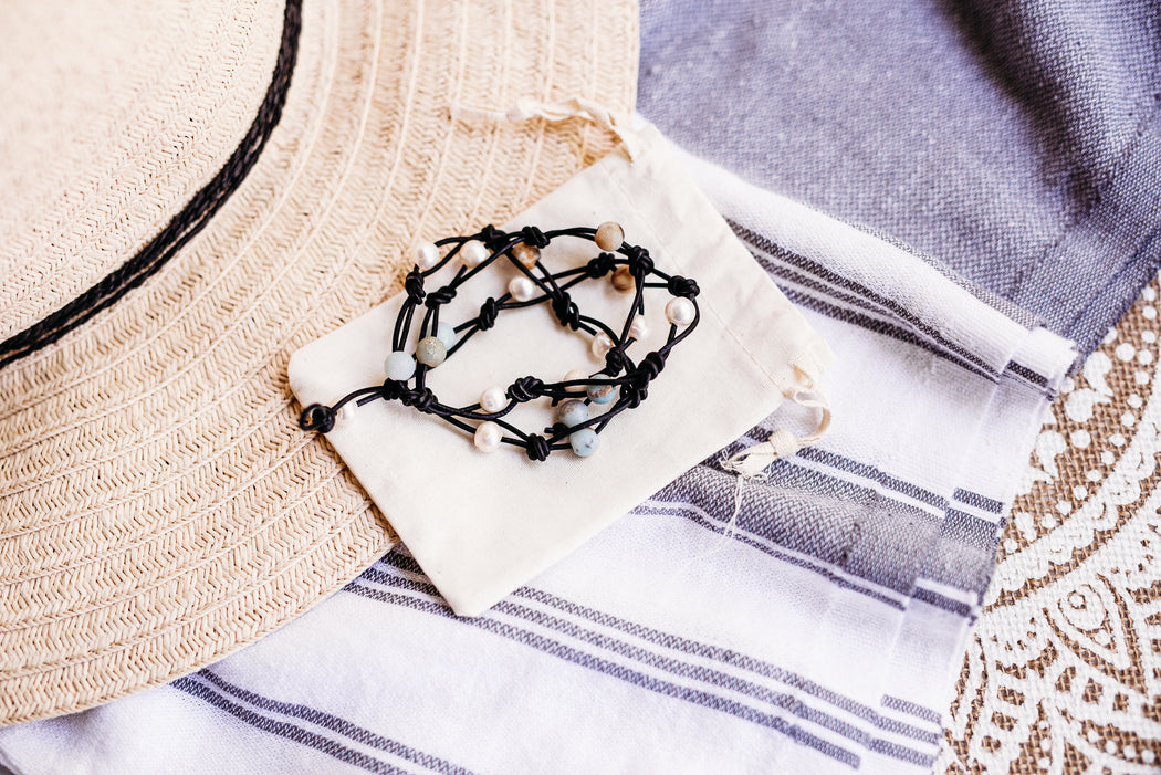 pearl and amazonite triple wrap leather bracelet