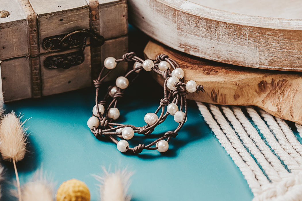 leather and pearl wrap bracelet