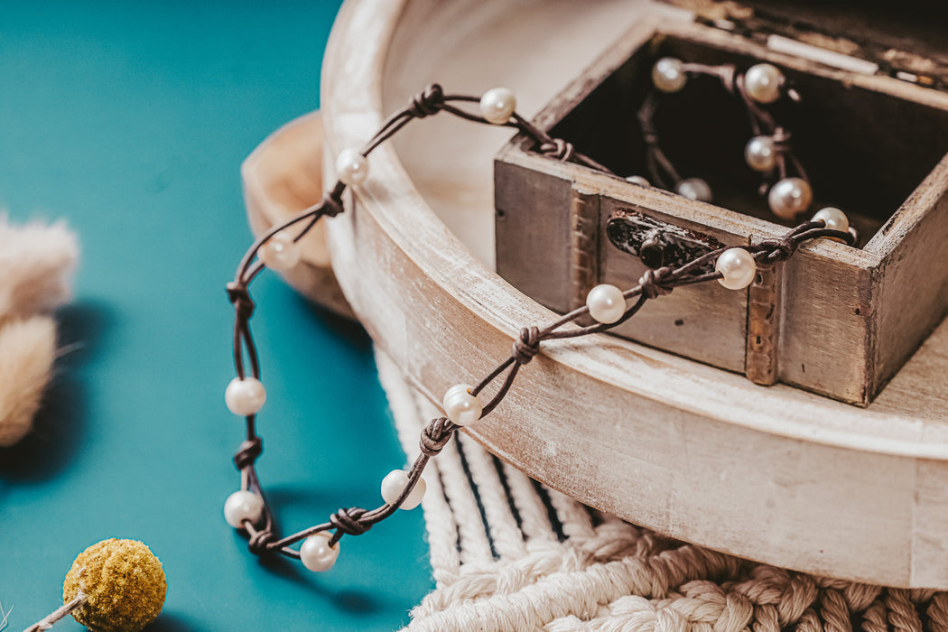 Leather and Pearl Necklace | Leather and Pearl Triple Wrap Bracelet