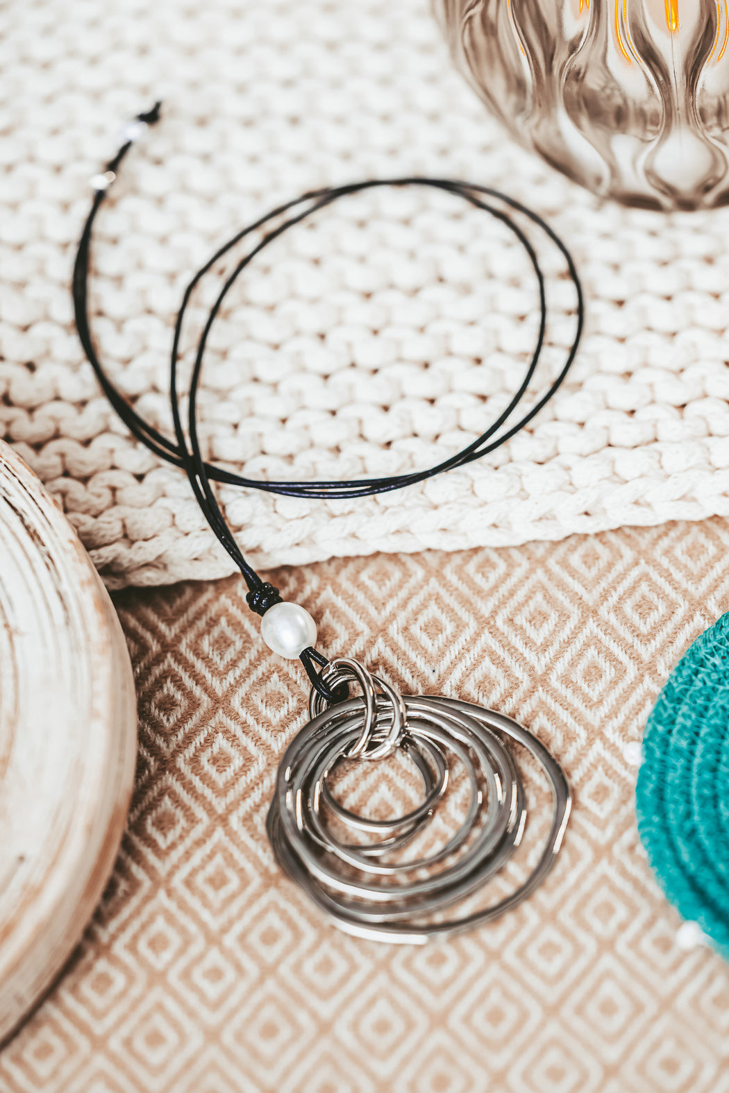 Multi Ring Pearl Leather Necklace