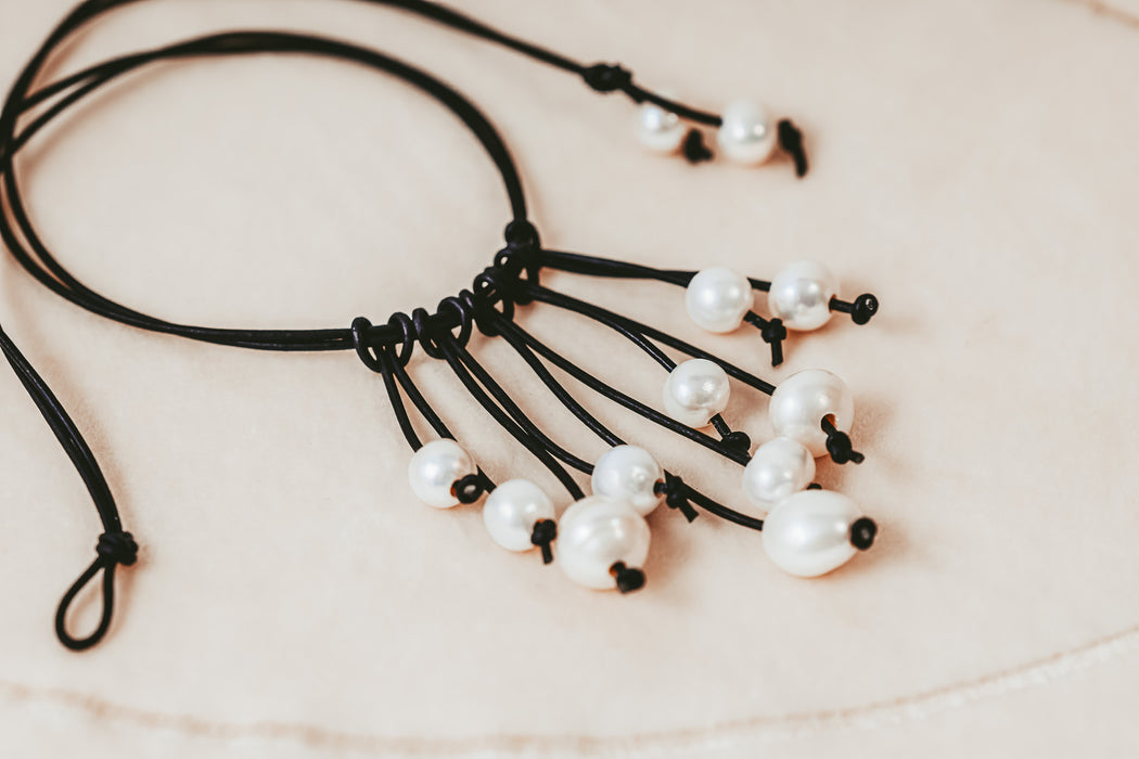 Freshwater Pearl and Leather Fringe Necklace