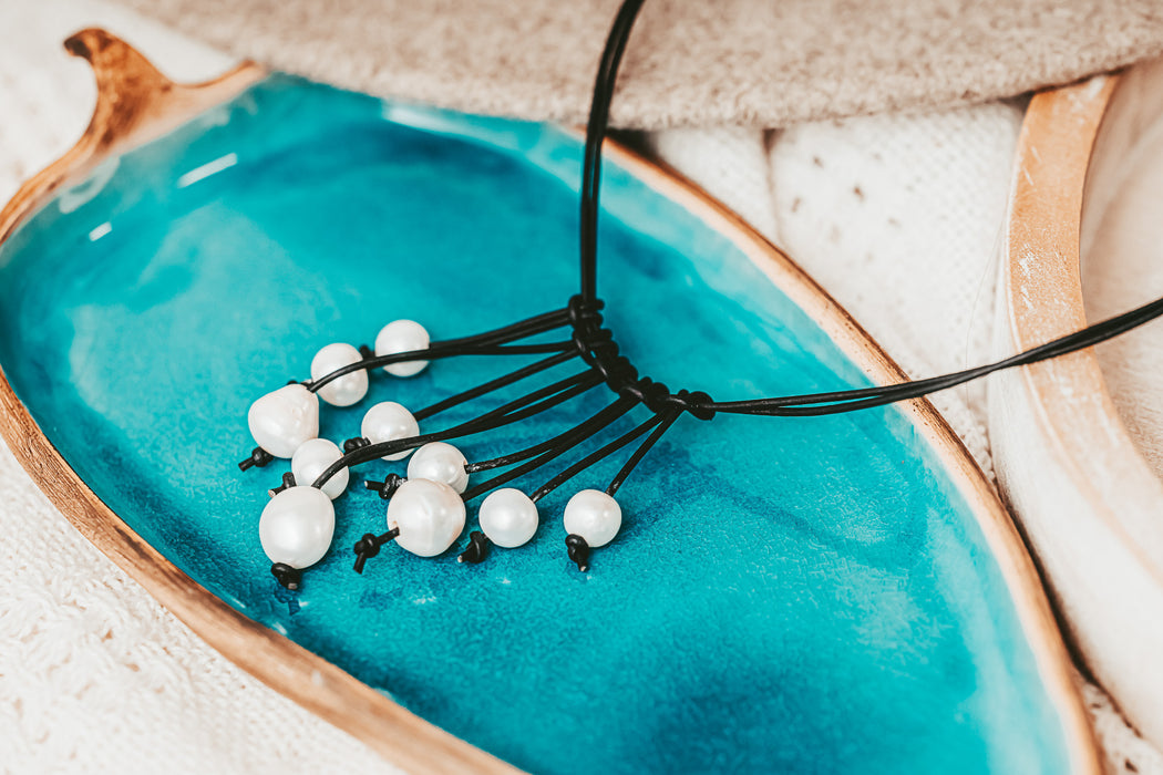 Freshwater Pearl and Leather Fringe Necklace