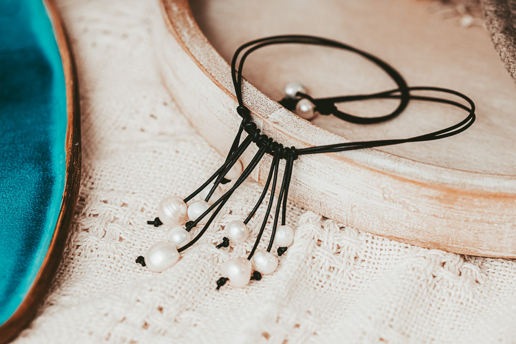 leather and pearl fringe necklace