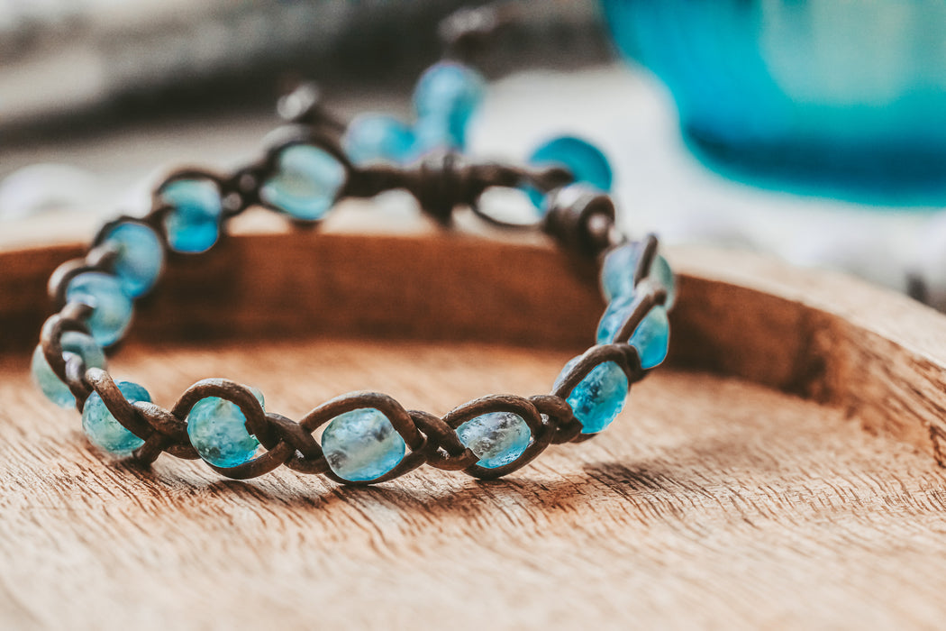 Aqua Glass bead Leather Bracelet | Ghana Glass bracelet