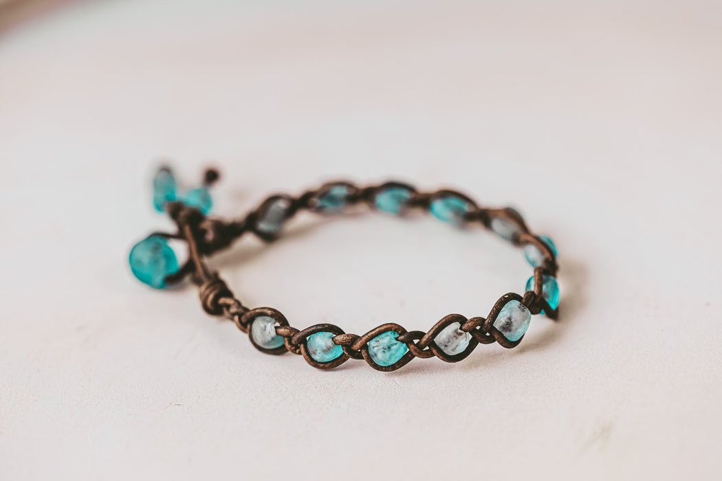 Aqua Glass bead Leather Bracelet | Ghana Glass bracelet