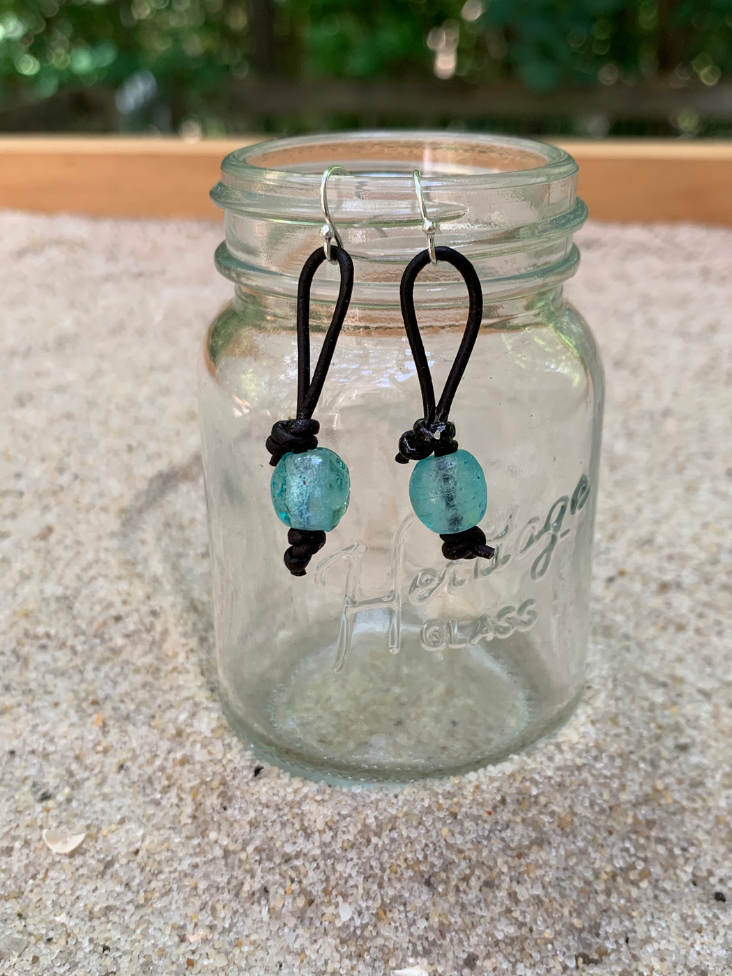 Aqua Glass Leather Earrings | Boho Dangle Earrings