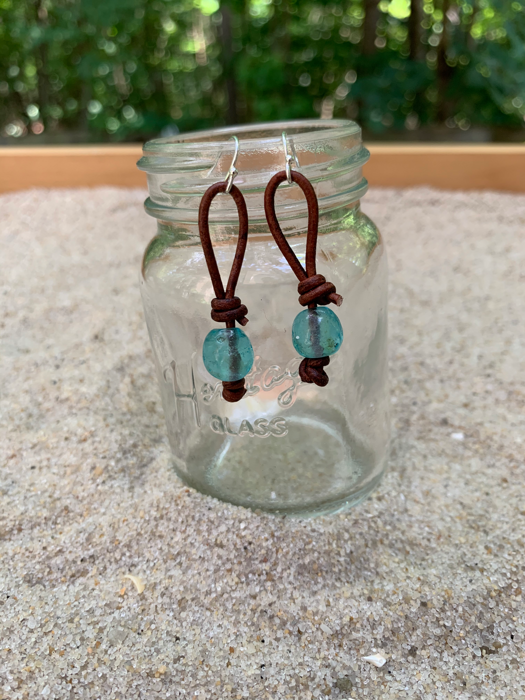 Aqua Glass Leather Earrings | Boho Dangle Earrings