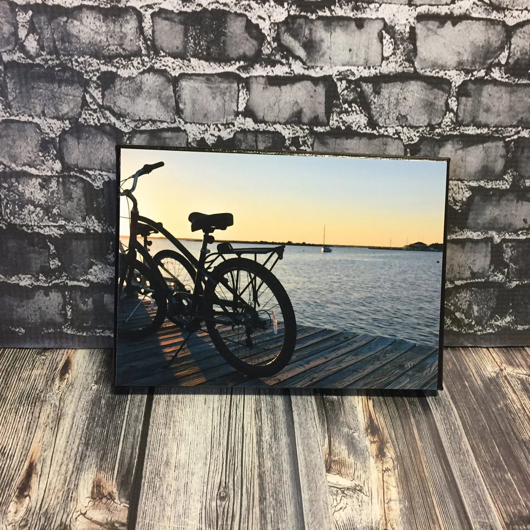 Bicycles at Sunset on the Bay Canvas Photo | Beach House Decor