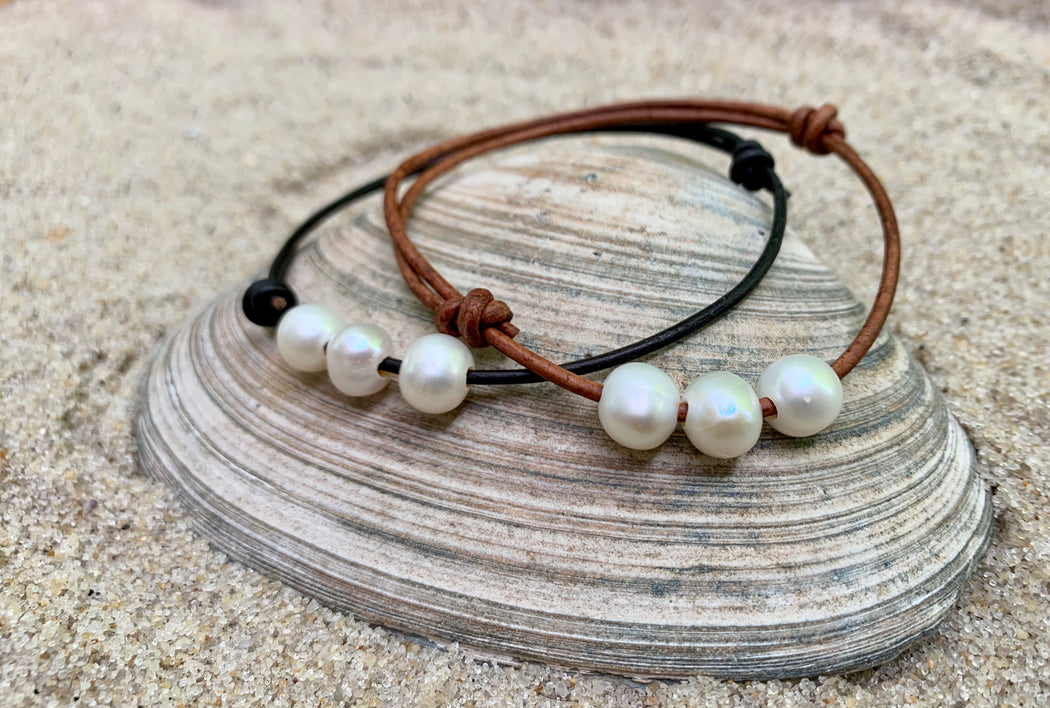 Leather Anklet with Pearls | Adjustable Ankle Bracelet | Boho Anklet