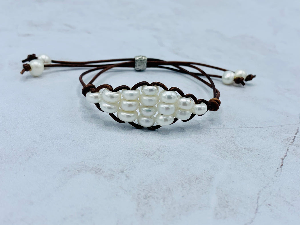 Adjustable Leather Pearl Bracelet | Women's Leather Bracelet