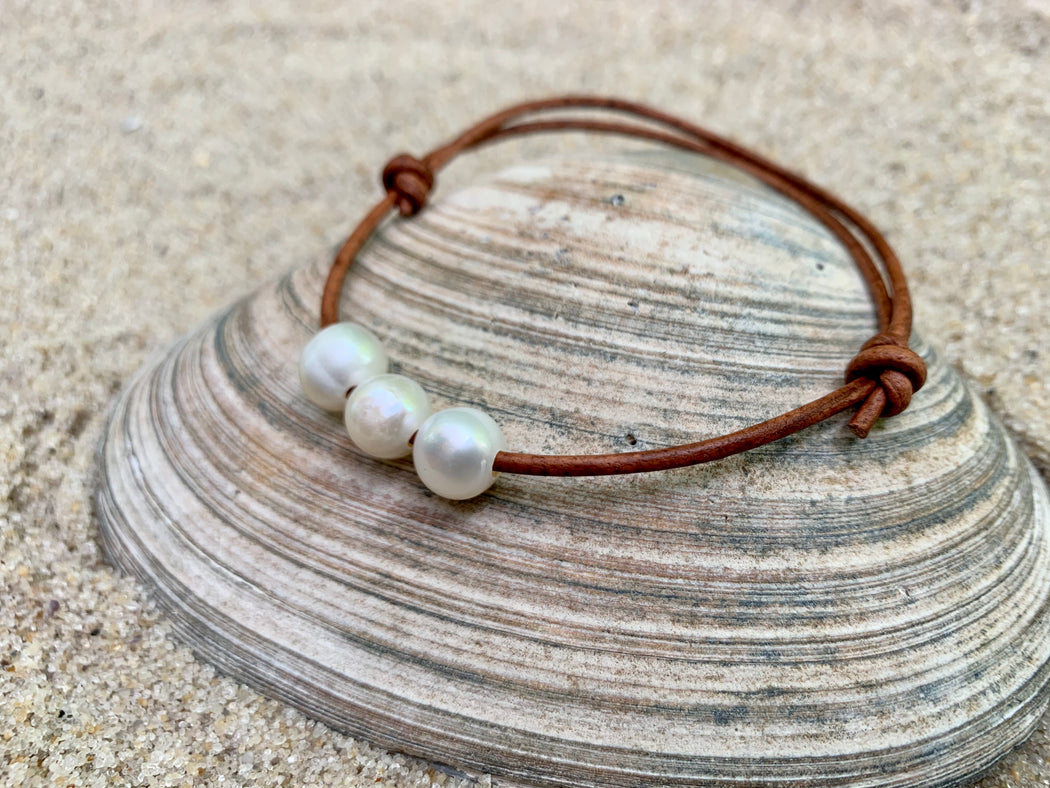 Leather Anklet with Pearls | Adjustable Ankle Bracelet | Boho Anklet