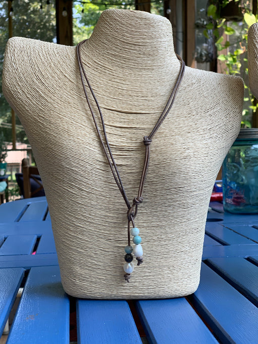 pearl and amazonite leather lariat necklace