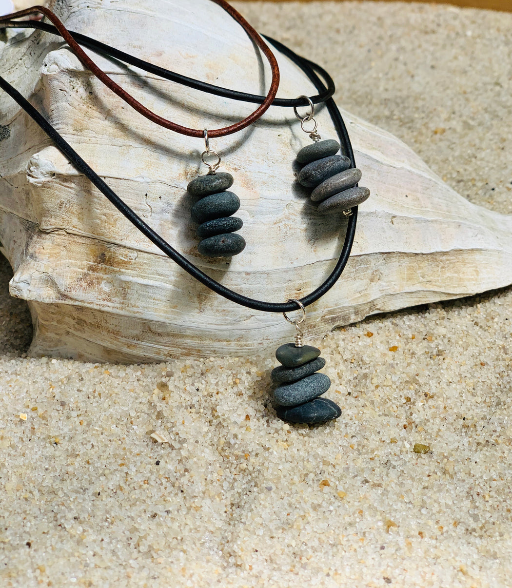 Natural Stone Leather Necklace | Cairn Pendant Necklace | Mens Leather Necklace