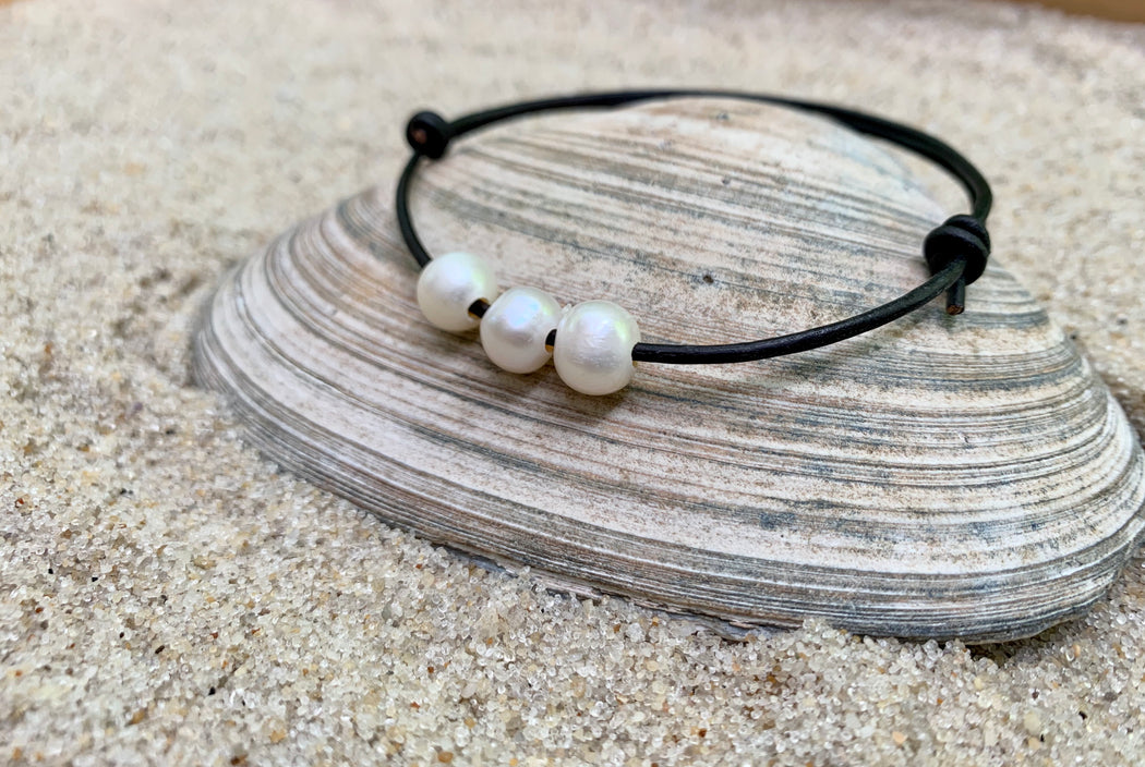 Leather Anklet with Pearls | Adjustable Ankle Bracelet | Boho Anklet