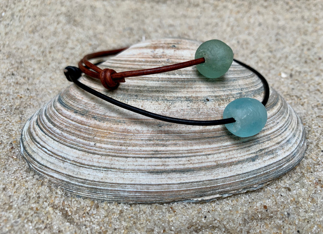 Adjustable Sea Glass Leather Anklet | Summer Ankle Bracelet