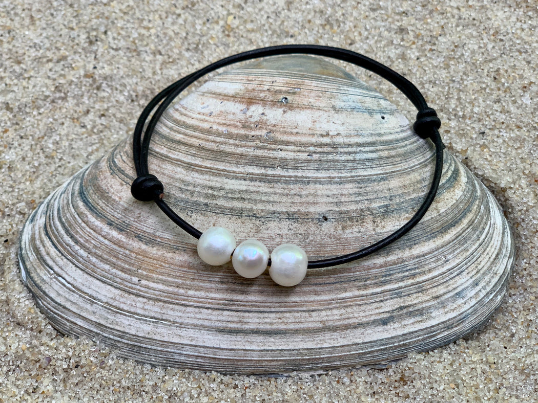 Leather Anklet with Pearls | Adjustable Ankle Bracelet | Boho Anklet