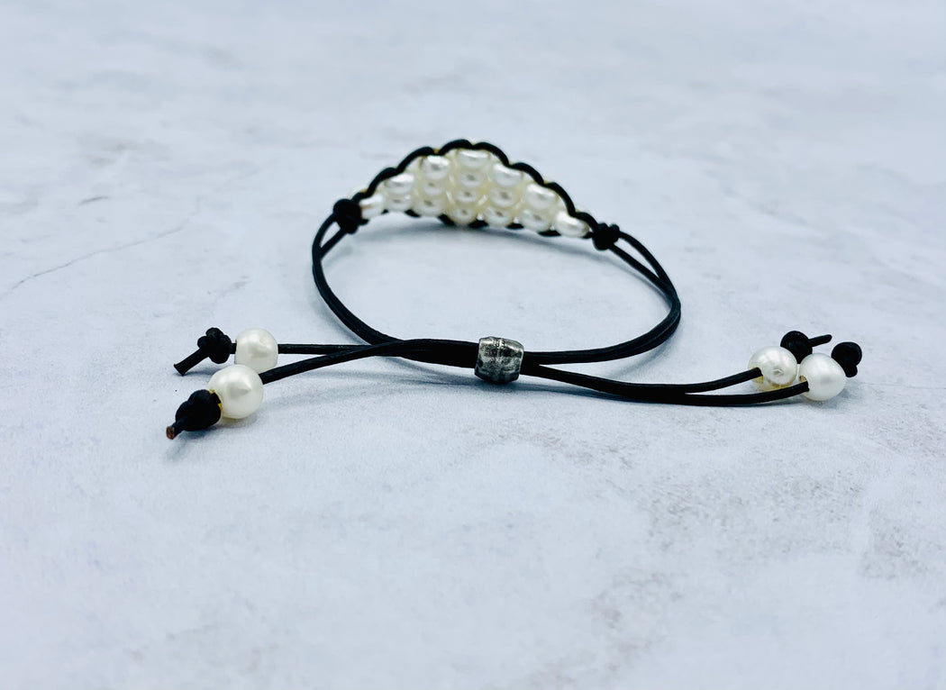 Adjustable Leather Pearl Bracelet | Women's Leather Bracelet
