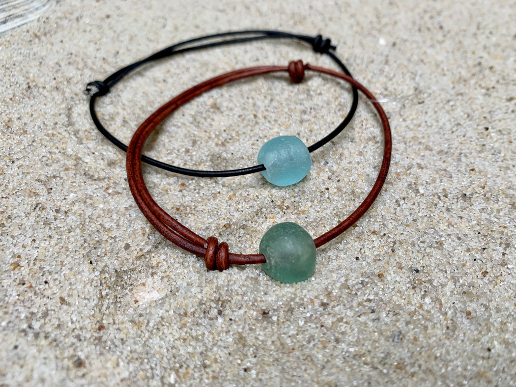 Adjustable Sea Glass Leather Anklet | Summer Ankle Bracelet