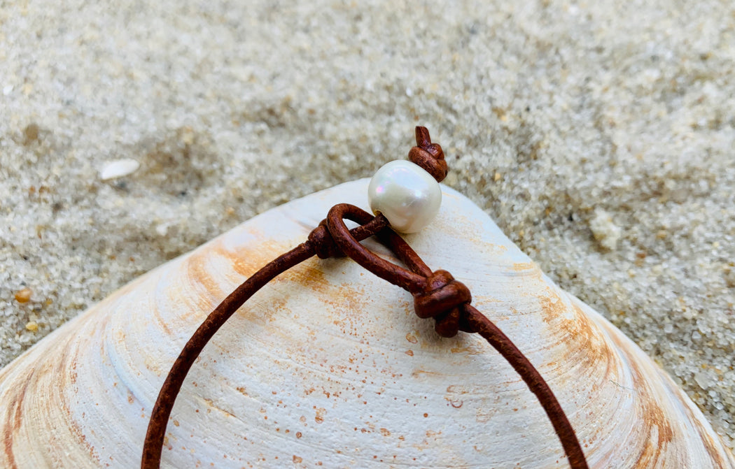 Single Fresh Water Pearl Leather Bracelet | Womens Beach Bracelet