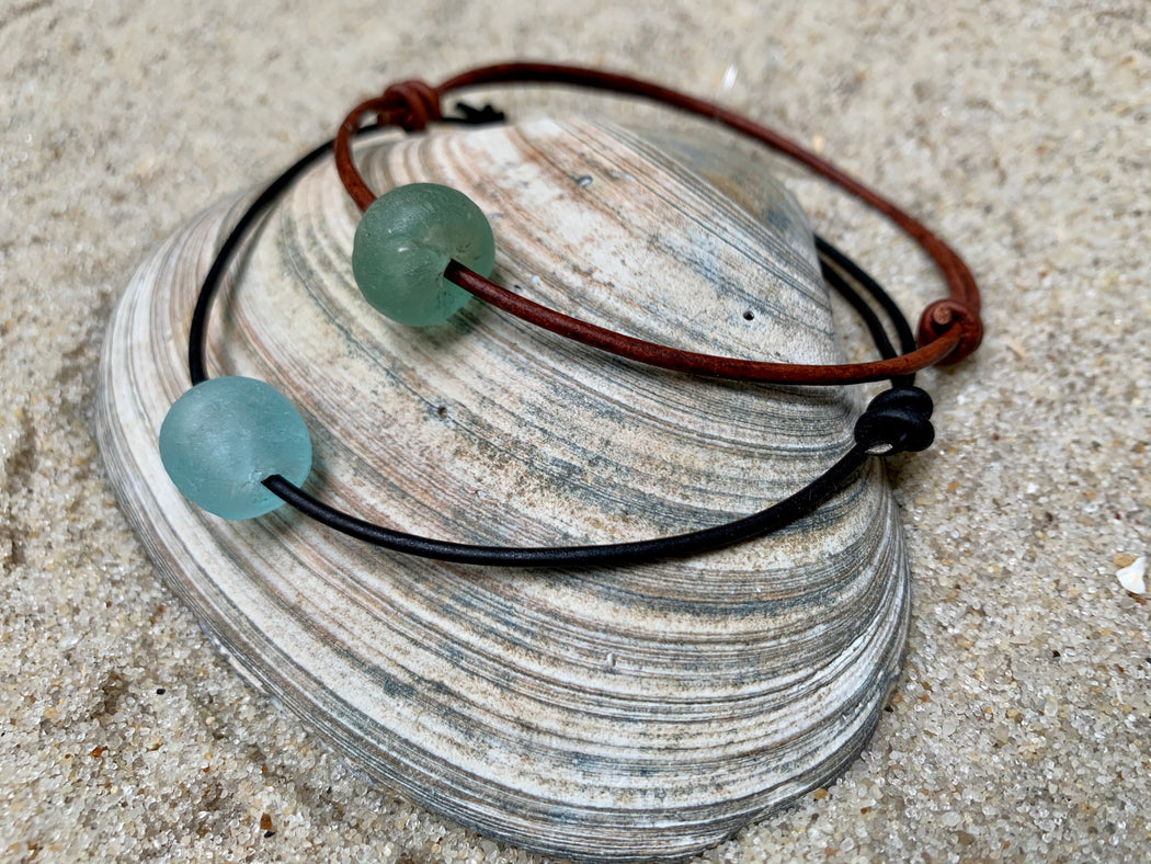 Adjustable Sea Glass Leather Anklet | Summer Ankle Bracelet