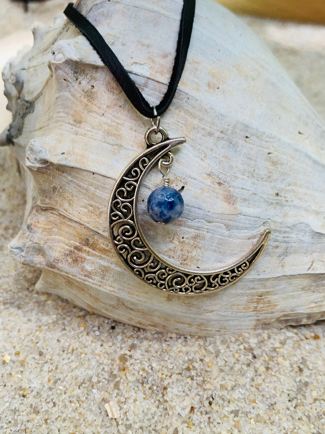 Boho Crescent Moon Pendant Necklace | Gemstone Moon Leather Necklace