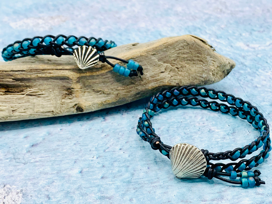 double wrap leather bracelet with shell button