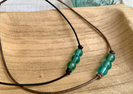 Indonesian Glass Bean Necklace on Leather