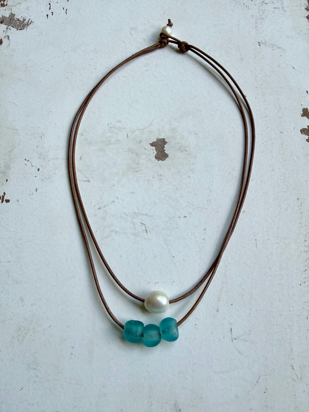 Leather Double Strand Pearl and Glass Necklace