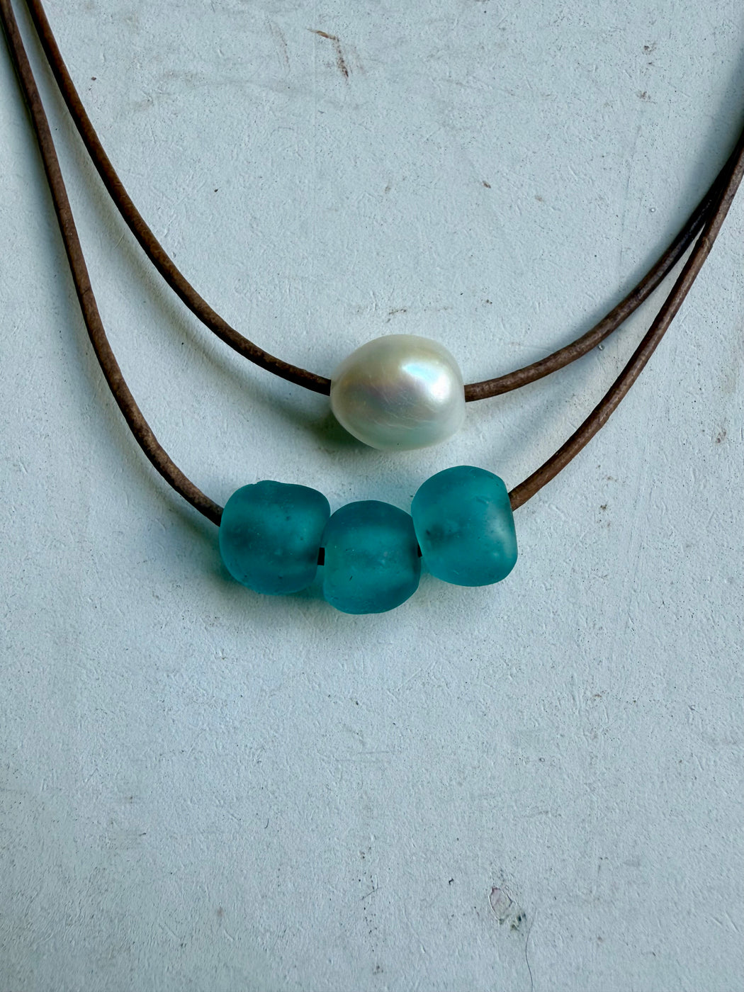 Leather Double Strand Pearl and Glass Necklace