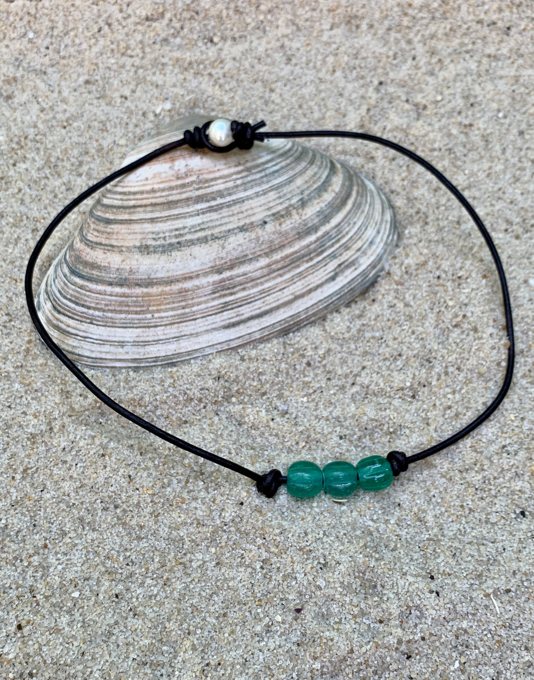 Aqua Glass Leather Beach Necklace | Leather Layering Necklace