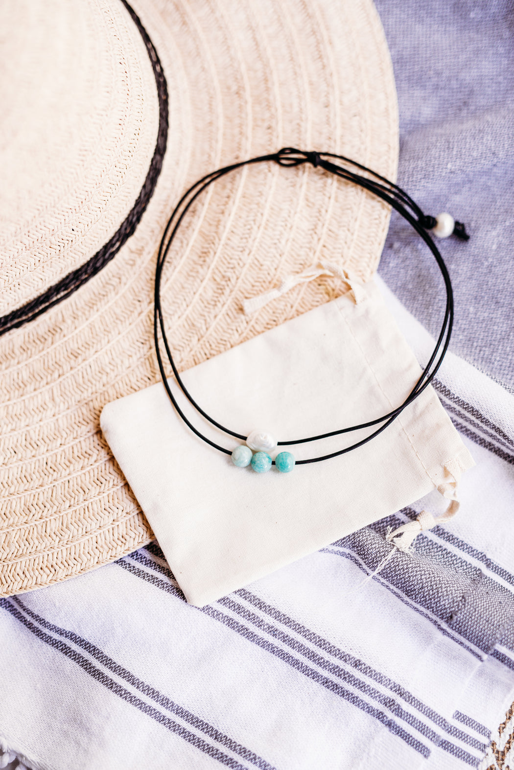 Pearl and Amazonite Leather Necklace | Double Strand Tee Shirt Necklace