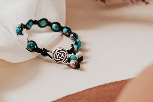 Imperial jasper braided leather bracelet with celtic knot button